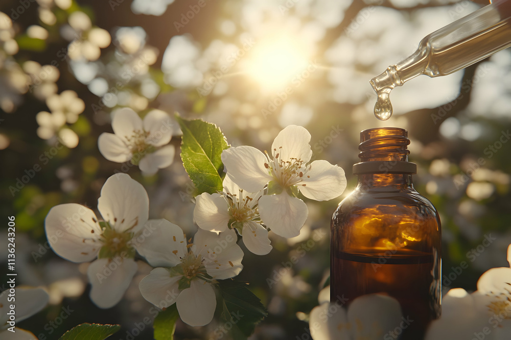 Amber bottle with essential oil being dripped, surrounded by blooming flowers in sunlight.