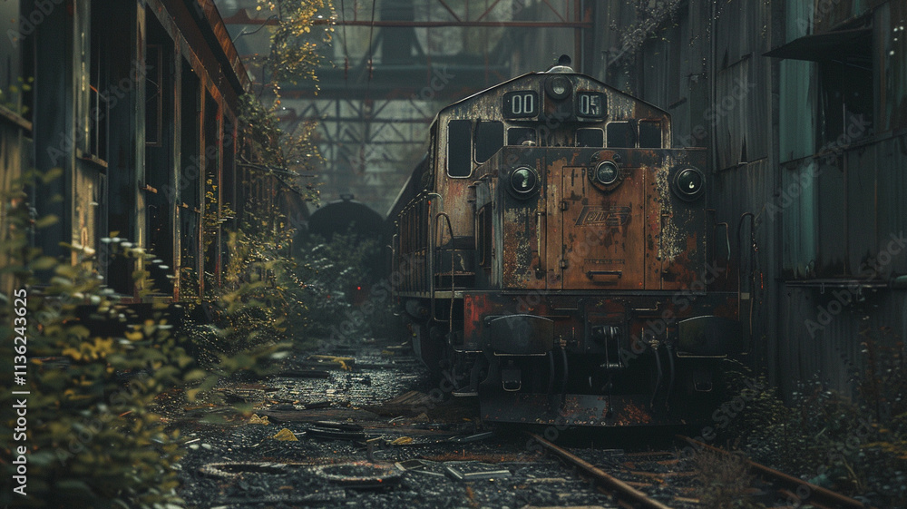 Decaying Train Locomotive: An image of a decaying train locomotive in an overgrown rail yard, abandoned and left to the elements. Decaying Train Locomotive: An image of a decaying train locomotive in an overgrown rail yard, abandoned and left to the elements.