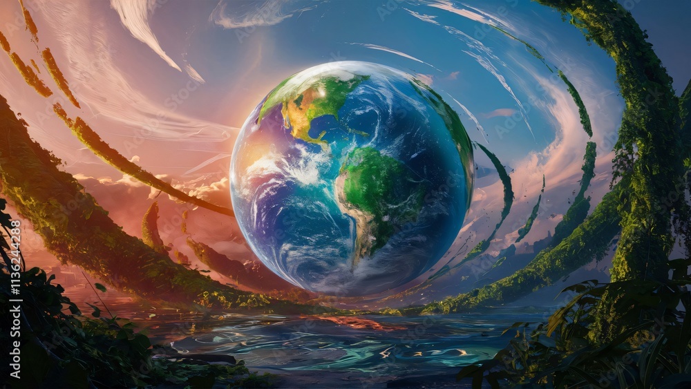 Surreal Earthscape, Vibrant Planet Floating Above Lush Tropical Landscape Surreal Earthscape, Vibrant Planet Floating Above Lush Tropical Landscape