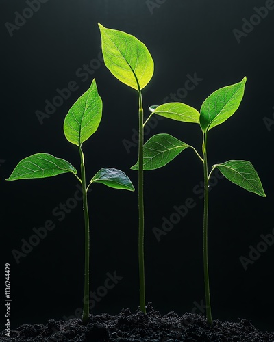 A serene scene of three green plants sprouting from dark soil, illuminated by soft, radiant light, celebrating renewal and strength photo