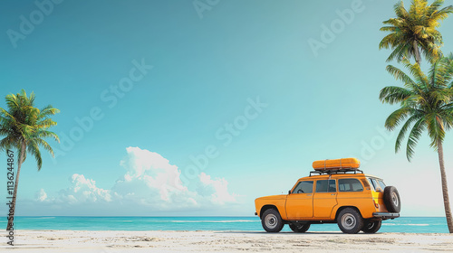 Wallpaper Mural Weekend Getaway Adventure: Yellow Van Parked on Scenic Beach with Palm Trees, Perfect for Travel Enthusiasts, Summer Vibes, and Nature Lovers Seeking Relaxation and Fun Torontodigital.ca