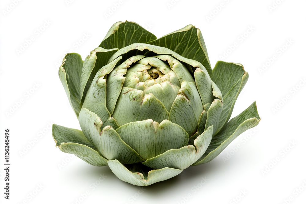 Obraz premium Artichoke with green leaves presented against a white background highlighting its natural texture