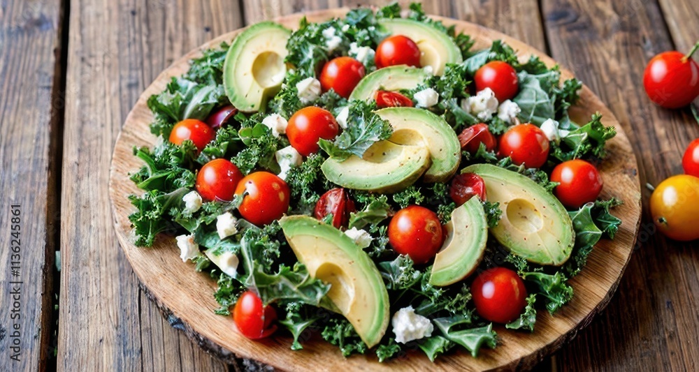 A vibrant salad featuring kale, cherry tomatoes, and avocado on a wooden platter. A vibrant salad featuring kale, cherry tomatoes, and avocado on a wooden platter.