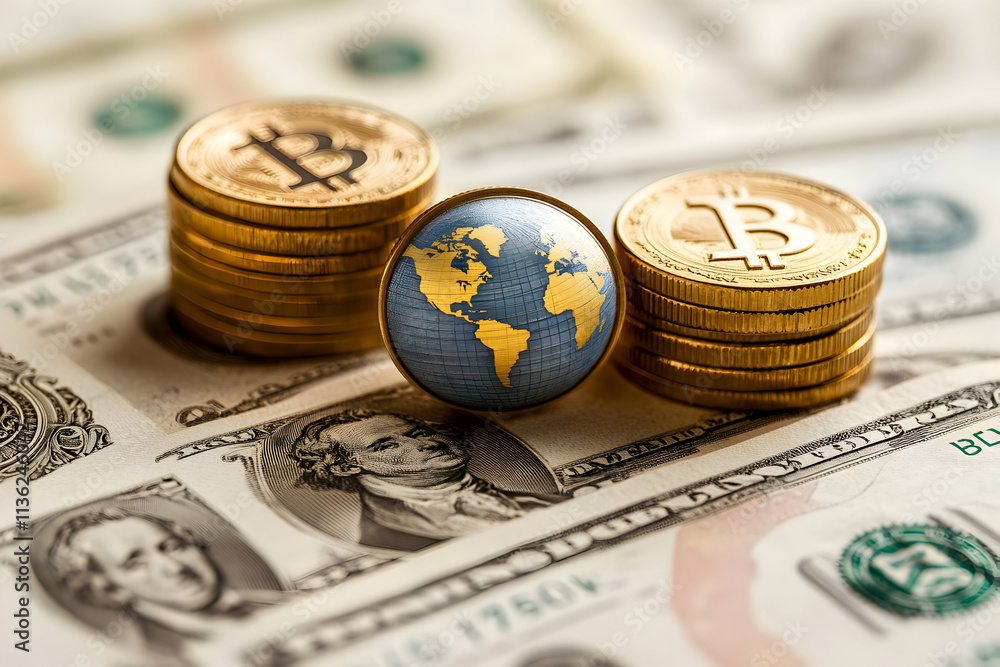Bitcoin stacks with globe on dollar bills. Bitcoin stacks with globe on dollar bills.