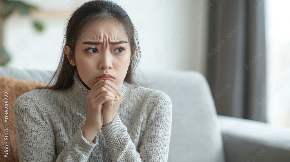 Concerned young woman in gray sweater biting her finger indoors Concerned young woman in gray sweater biting her finger indoors