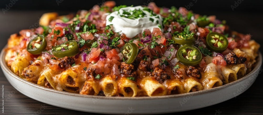 Cheesy baked pasta topped with pico de gallo, jalapenos, and sour cream. Cheesy baked pasta topped with pico de gallo, jalapenos, and sour cream.