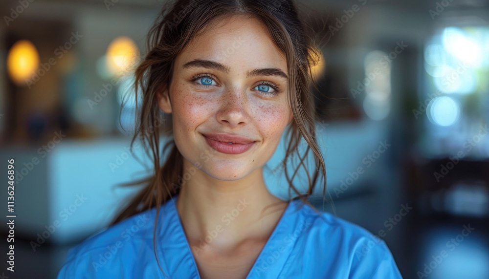 A Young Woman With Freckles Smiles In A Blue Scrub A Young Woman With Freckles Smiles In A Blue Scrub
