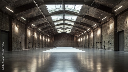 A well-equipped studio with tripods, a seamless white backdrop, and an industrial ceiling, offering a clean and functional space for photography.