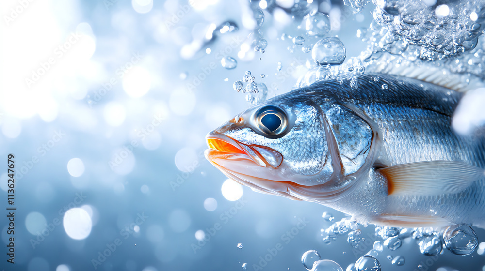 A vibrant fish swimming gracefully in clear water with bubbles. A vibrant fish swimming gracefully in clear water with bubbles.