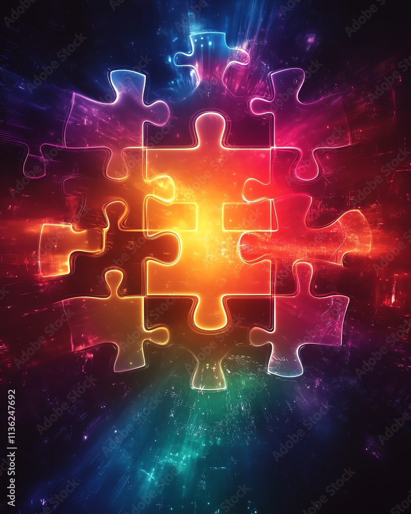 Obraz premium A glowing puzzle with radiant, gradientcolored pieces, set against a vibrant, dynamic background symbolizing reasoning and logic