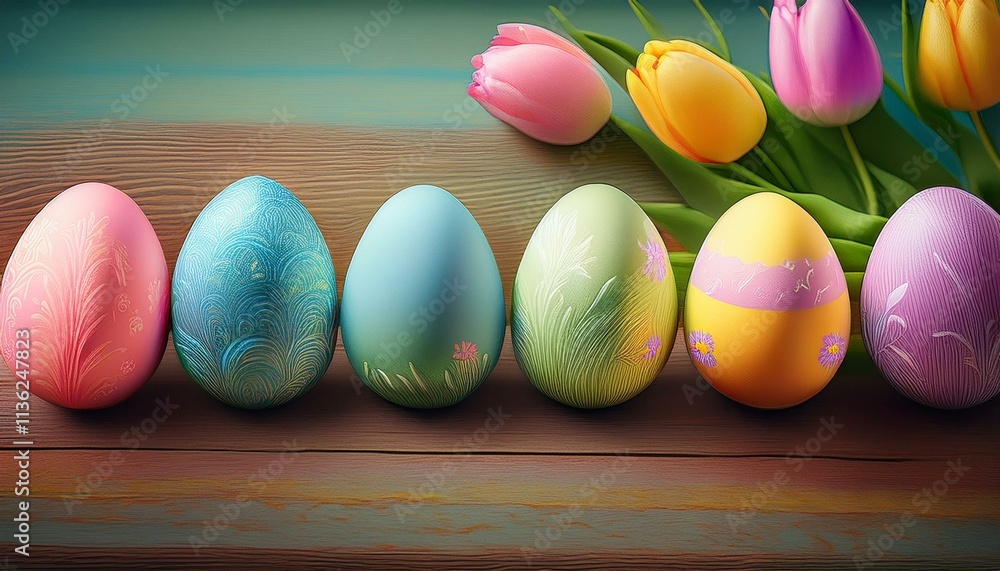 A row of pastel painted Easter eggs on a wooden table, with a bouquet of tulips next to them. A row of pastel painted Easter eggs on a wooden table, with a bouquet of tulips next to them.