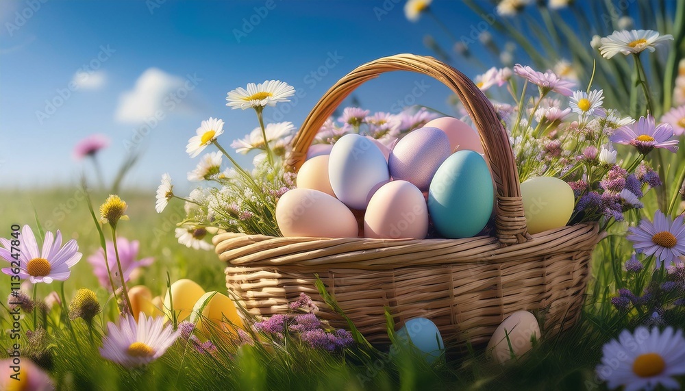 A field of wildflowers with a basket full of pastel eggs sitting on the grass. A field of wildflowers with a basket full of pastel eggs sitting on the grass.
