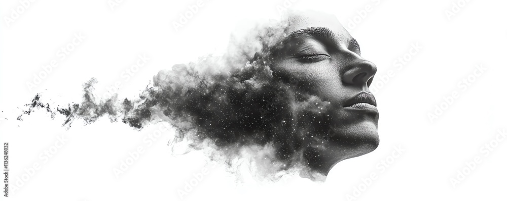 Fototapeta premium A human face intertwined with a nebula of stars, isolated on a pure white background, symbolizing the vastness of human potential and the cosmos
