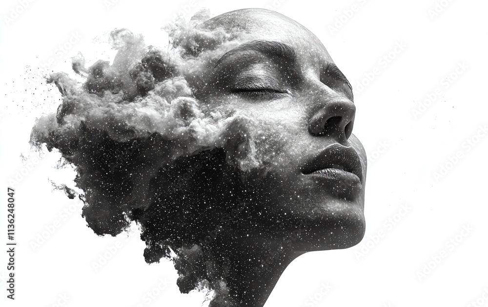 A human face merging with a cosmic nebula cloud, filled with stars, isolated against a white background, symbolizing the connection between humanity and the universe A human face merging with a cosmic nebula cloud, filled with stars, isolated against a white background, symbolizing the connection between humanity and the universe