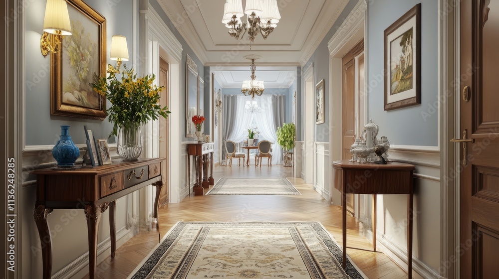 Elegant hallway with a blend of antique wooden furniture, a classic console table, and carefully arranged decorative accents for a timeless look. Elegant hallway with a blend of antique wooden furniture, a classic console table, and carefully arranged decorative accents for a timeless look.