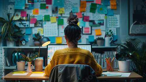 A woman sits at a desk, surrounded by sticky notes, personal development books, and a laptop, focused on a task with determination. The clean, minimalistic environment is perfect for productivity.