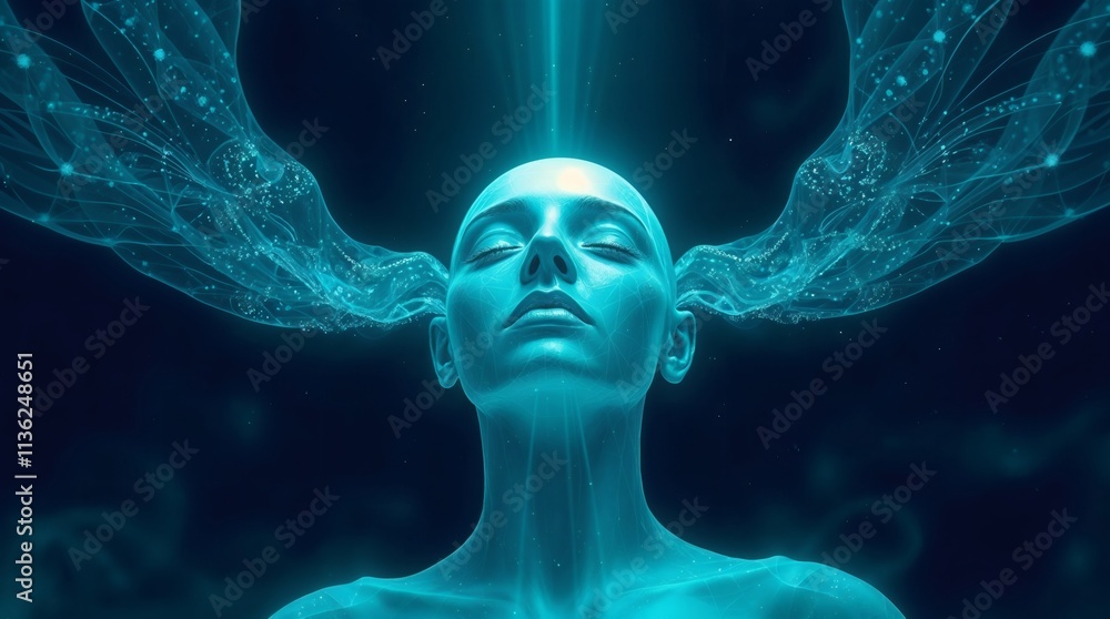 Cybernetic Mind: A serene woman's head is enveloped in flowing, ethereal, teal digital data streams, suggesting a connection to a vast network or higher consciousness. Cybernetic Mind: A serene woman's head is enveloped in flowing, ethereal, teal digital data streams, suggesting a connection to a vast network or higher consciousness.