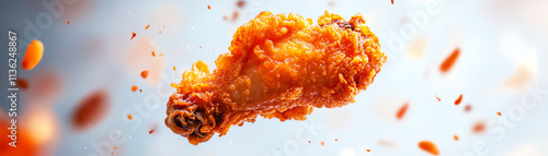 A delicious, crispy fried chicken wing floating in mid-air, showcasing its golden texture. photo