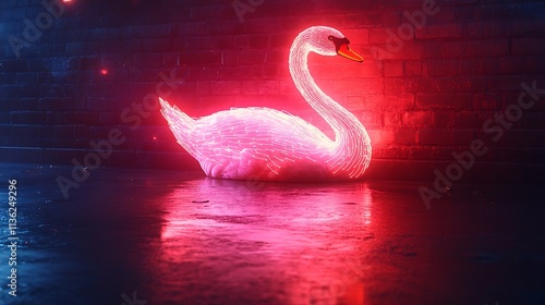 Neon glowing outline of a swan with electric bright lines on a modern gradient background photo