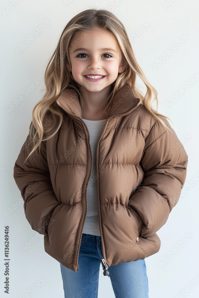 Mocha mousse cropped fit puffer jacket worn by a smiling child against a neutral background Mocha mousse cropped fit puffer jacket worn by a smiling child against a neutral background