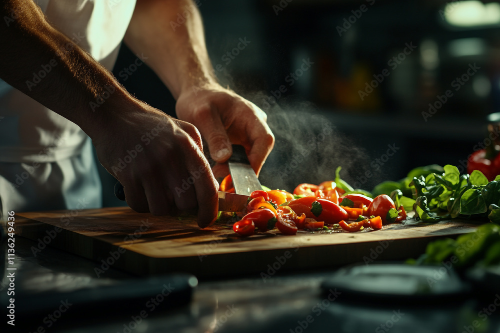 Chef preparing fresh vegetables on a wooden cutting board in a cozy kitchen Chef preparing fresh vegetables on a wooden cutting board in a cozy kitchen