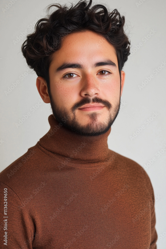 Young man in a soft turtleneck sweater posing against a clean background with a confident expression Young man in a soft turtleneck sweater posing against a clean background with a confident expression