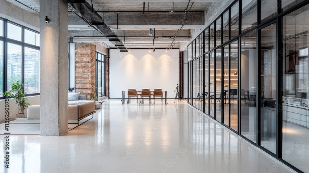 Modern photography studio featuring evenly positioned tripods, a pristine white backdrop, and an industrial ceiling design, ideal for creative work. Modern photography studio featuring evenly positioned tripods, a pristine white backdrop, and an industrial ceiling design, ideal for creative work.
