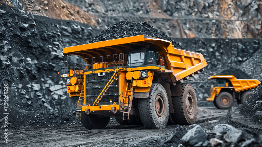 A dump truck, loaded with coal, drives through an open-pit mine, passing massive piles of extracted materials on its way to the loading area for transport. A dump truck, loaded with coal, drives through an open-pit mine, passing massive piles of extracted materials on its way to the loading area for transport.