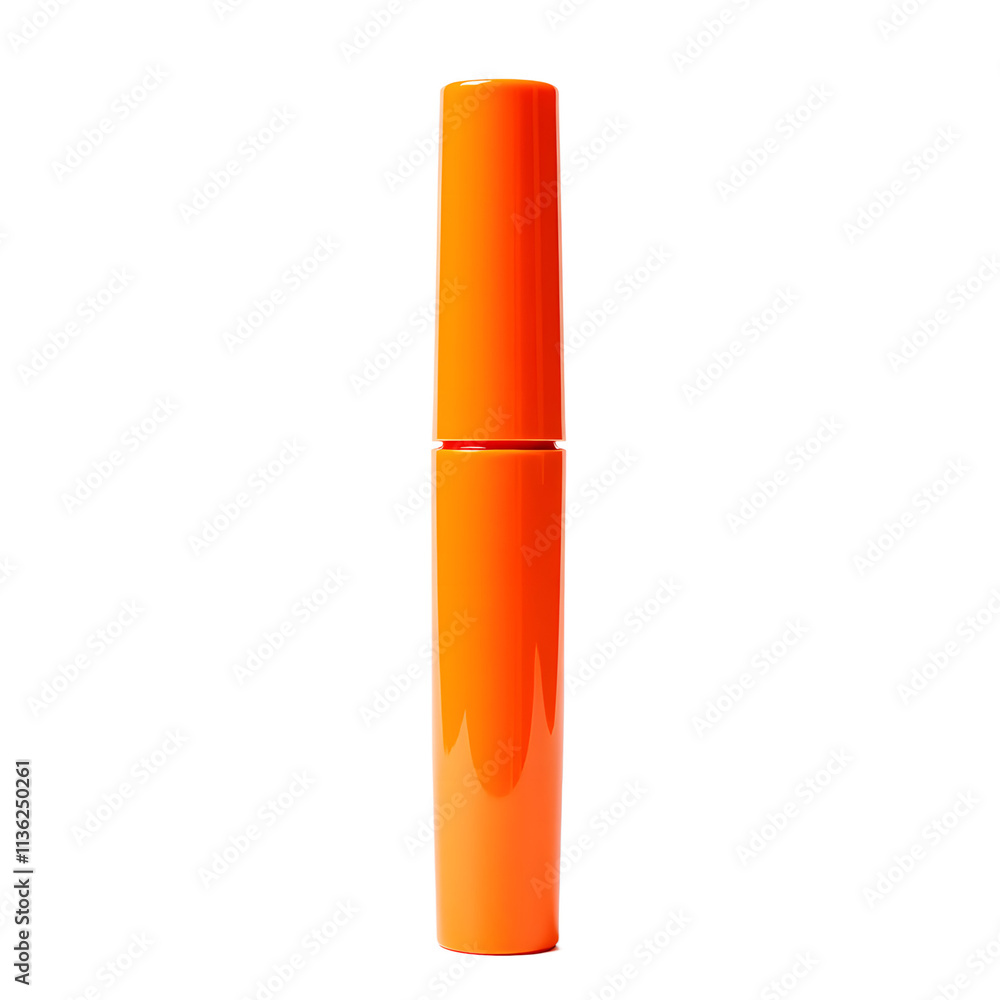 Front view of a orange mascara bottle with no labels isolated on a white transparent background. Front view of a orange mascara bottle with no labels isolated on a white transparent background.