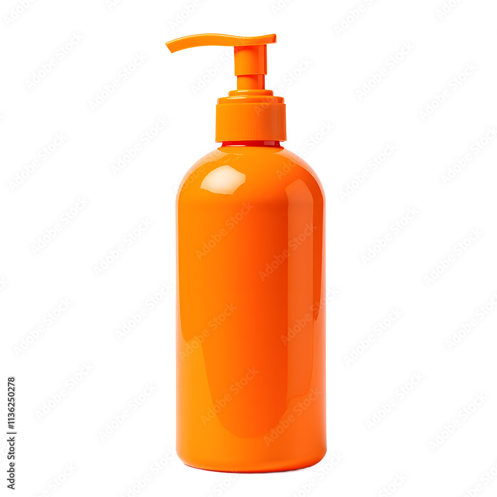 Front view of a orange shampoo bottle with no labels isolated on a white transparent background. Front view of a orange shampoo bottle with no labels isolated on a white transparent background.