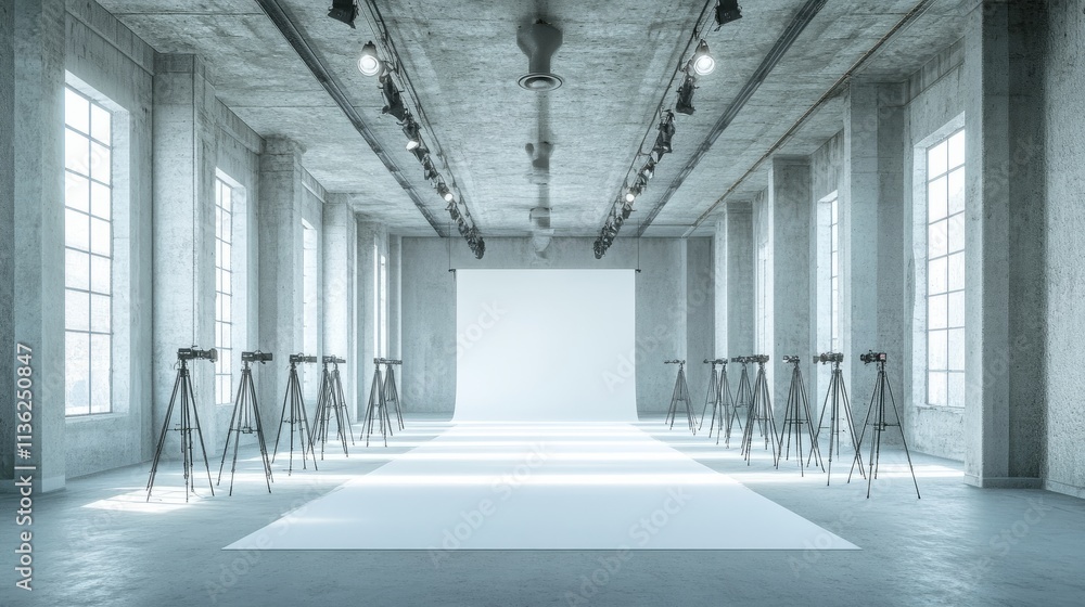 Professional studio with tripods placed symmetrically, a large white backdrop, and a functional industrial ceiling for high-end creative projects. Professional studio with tripods placed symmetrically, a large white backdrop, and a functional industrial ceiling for high-end creative projects.