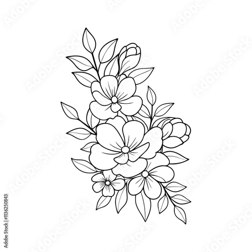 Hand-drawn black flowers bouquet, illustration outline image, Botanical bunch with flowers and leaves , Minimalist contour drawing of flower.  Thin line drawing of flower botany.