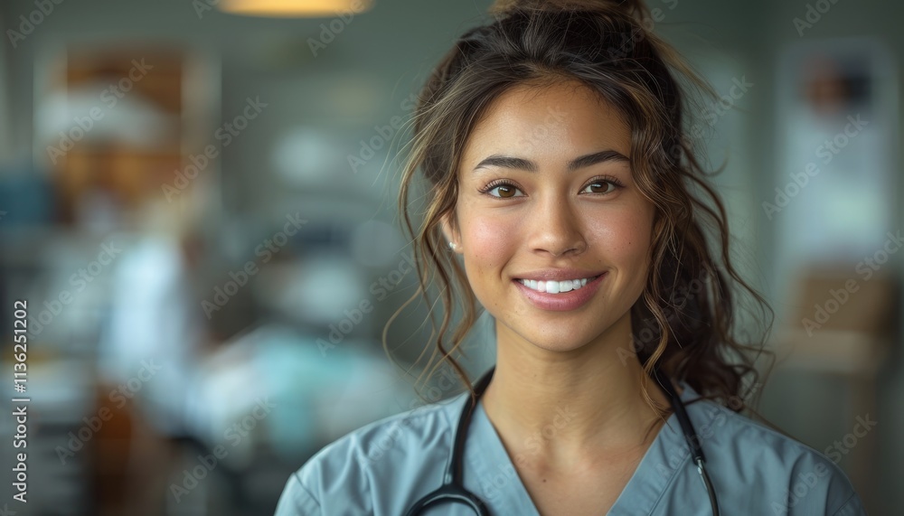 Smiling young female doctor in a hospital setting Smiling young female doctor in a hospital setting