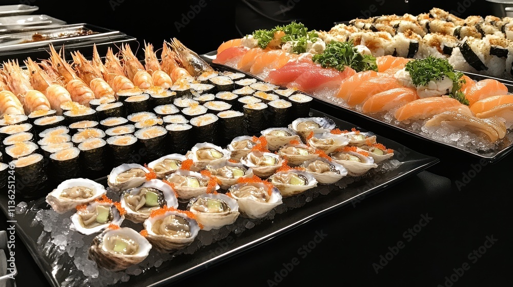 Colorful display of fresh sushi, sashimi, and seafood platter Colorful display of fresh sushi, sashimi, and seafood platter