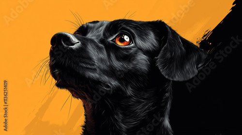 Black dog portrait showcasing detailed fur texture against a bold orange background photo