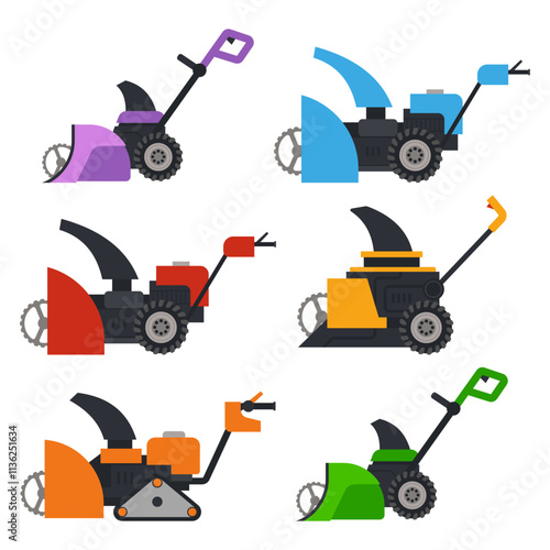 Snow blowers vector cartoon set isolated on a white background.