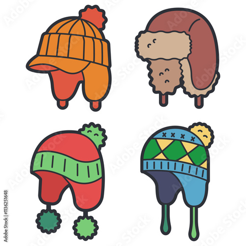 Winter hats with ear flaps vector cartoon set isolated on a white background.
