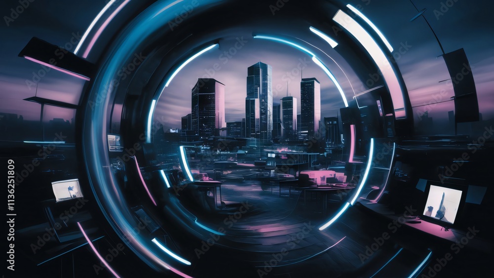 Futuristic Cityscape Viewed Through Neon Portal, Sci-Fi Background Futuristic Cityscape Viewed Through Neon Portal, Sci-Fi Background