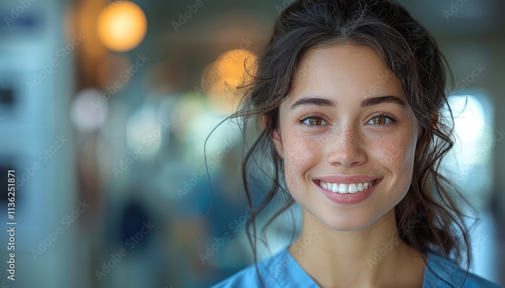 A Young Woman With Freckles Smiles Kindly A Young Woman With Freckles Smiles Kindly