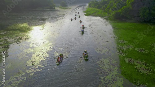 Aerial drone locked shot over Ninh Binh vietnam with line of traditional rowboats passing between lush green fields with hills during sunset