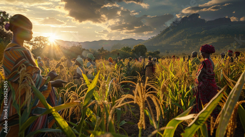 In a Malawi maize field; women sing in unison while working; their voices harmonizing with the rhythm of the land; embodying the strength of their communal agricultural work.