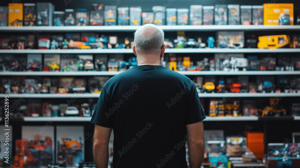custom made wallpaper toronto digitalA person stands in front of a colorful shelf filled with various collectibles and items, engaged in contemplation or nostalgia.