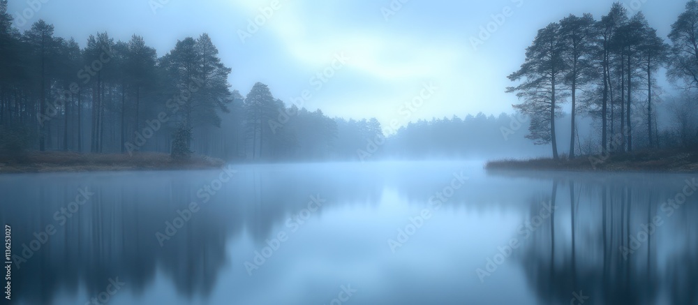 Serene misty lake surrounded by tranquil forest. Serene misty lake surrounded by tranquil forest.
