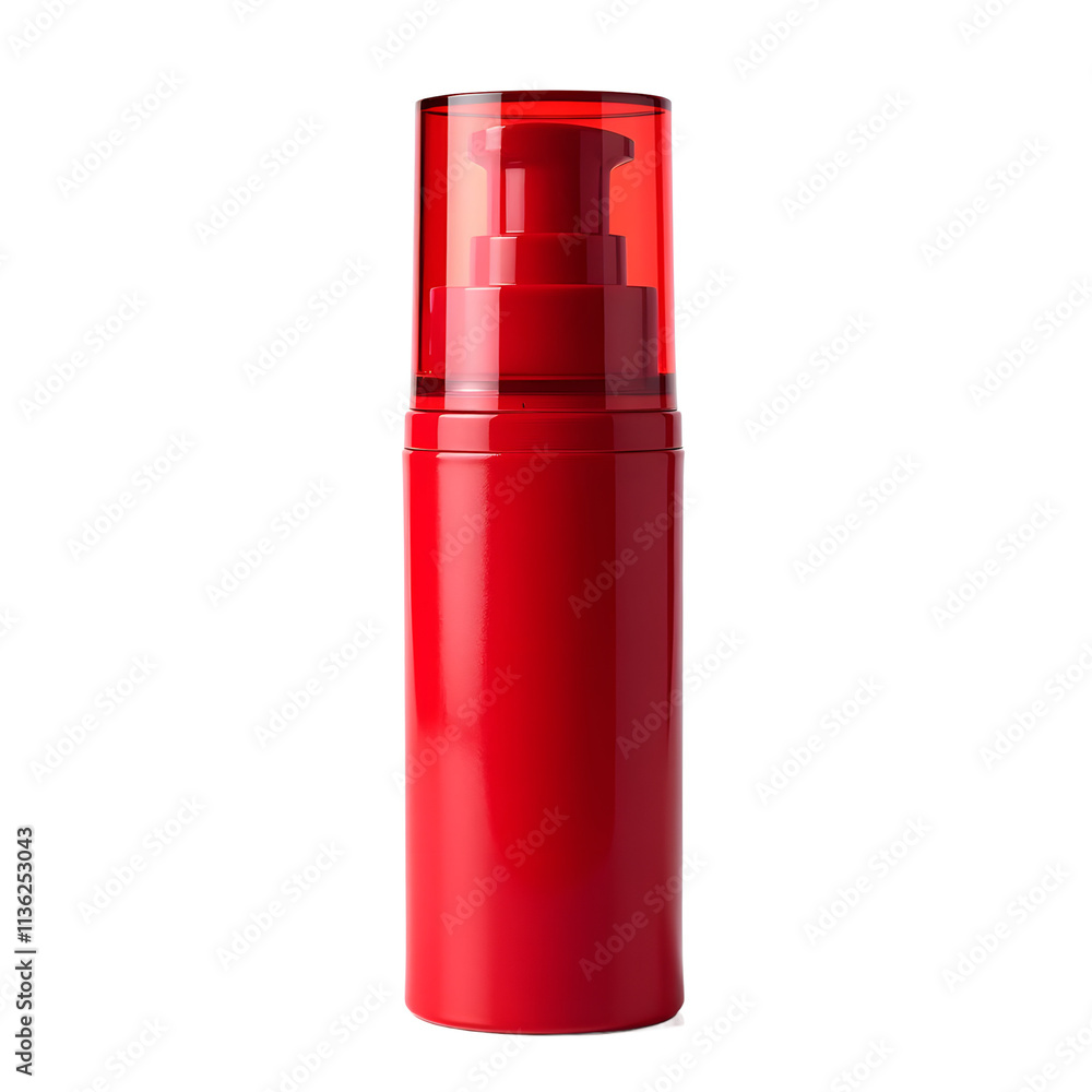 Front view of a red tinted moisturizer bottle with no labels isolated on a white transparent background. Front view of a red tinted moisturizer bottle with no labels isolated on a white transparent background.