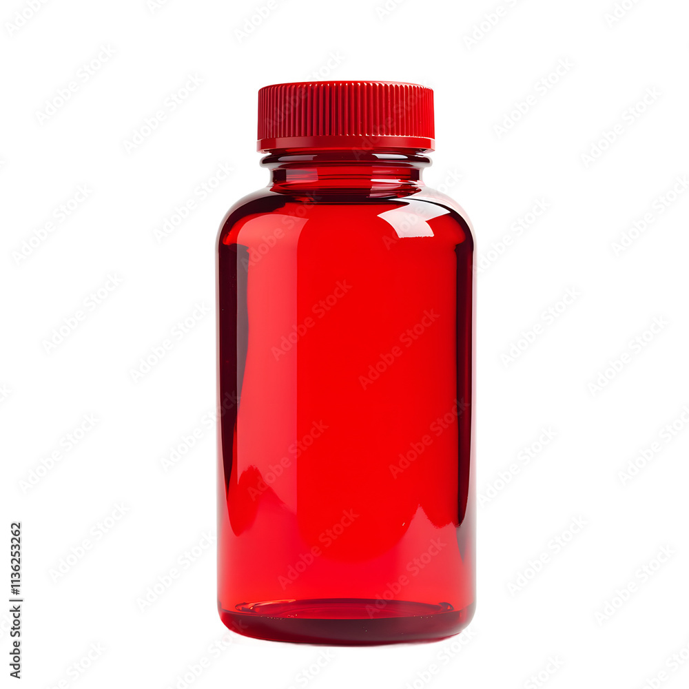 Front view of a red translucent powder bottle with no labels isolated on a white transparent background. Front view of a red translucent powder bottle with no labels isolated on a white transparent background.
