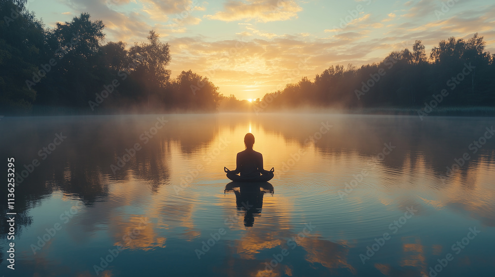 Meditation by a tranquil lake at sunrise with colorful clouds reflecting on the water Meditation by a tranquil lake at sunrise with colorful clouds reflecting on the water