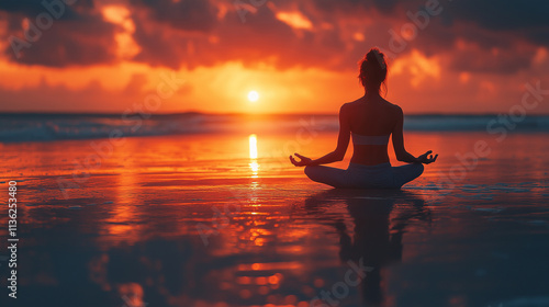 Serene sunset meditation by the ocean as waves gently lap the shore