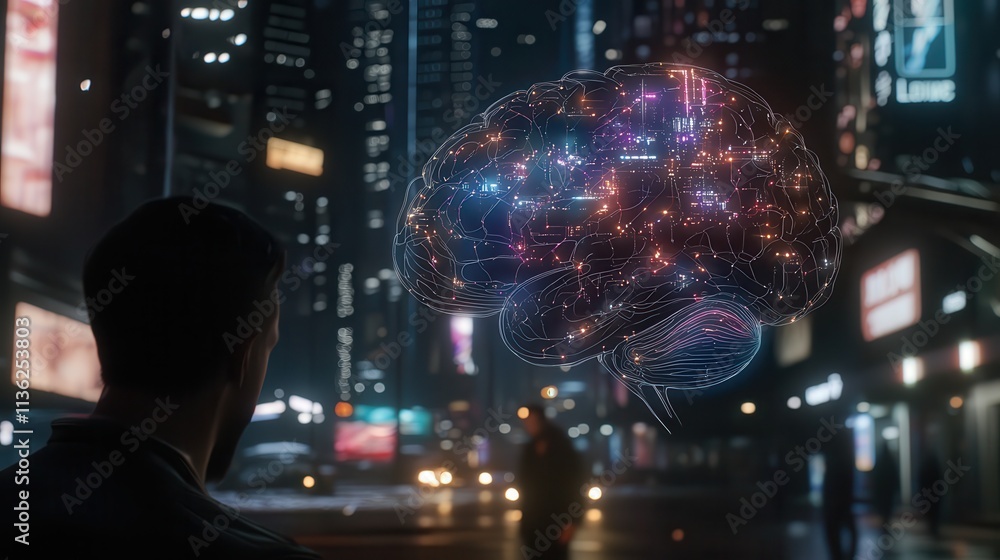 A glowing brain-like design with interconnected circuits in a cyberpunk cityscape A glowing brain-like design with interconnected circuits in a cyberpunk cityscape