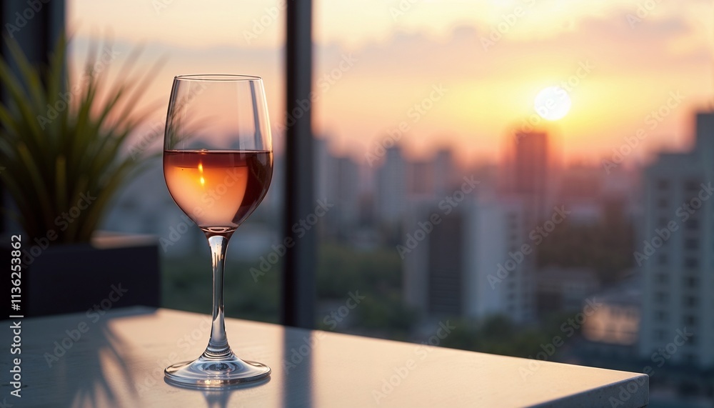 Elegant glass of rosé wine on a marble table with a city skyline at sunset in the background Elegant glass of rosé wine on a marble table with a city skyline at sunset in the background