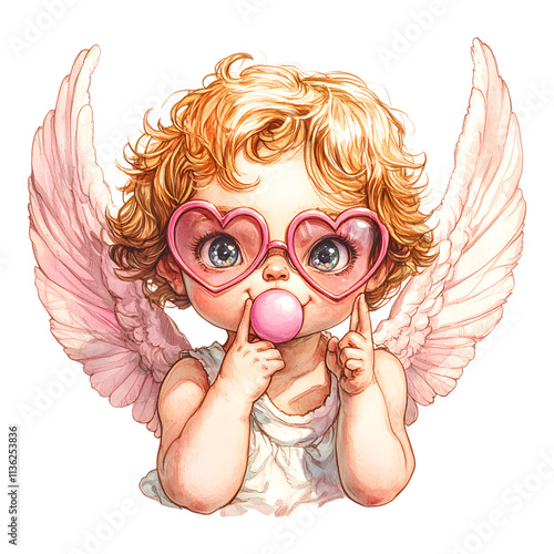 Cute baby cupid with pink wings blowing bubble gum photo